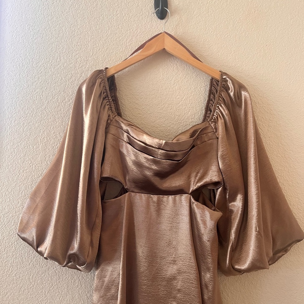 She + Sky Women’s Mini Dress with Puff Sleeve and Cut Outs (Champagne Gold color - Picture 5 of 13